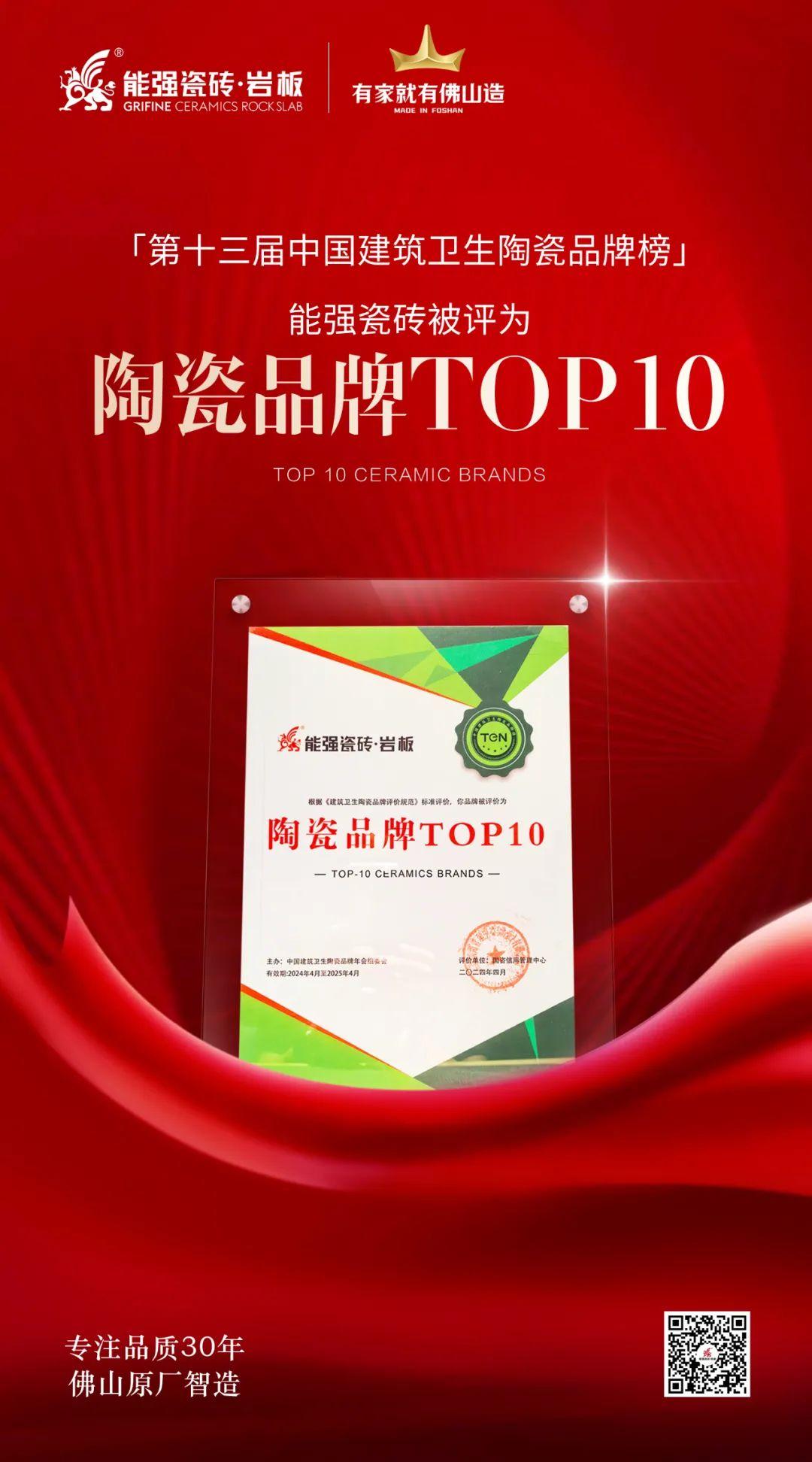 匠心榮耀丨能強瓷磚斬獲“陶瓷品牌TOP10”殊榮！